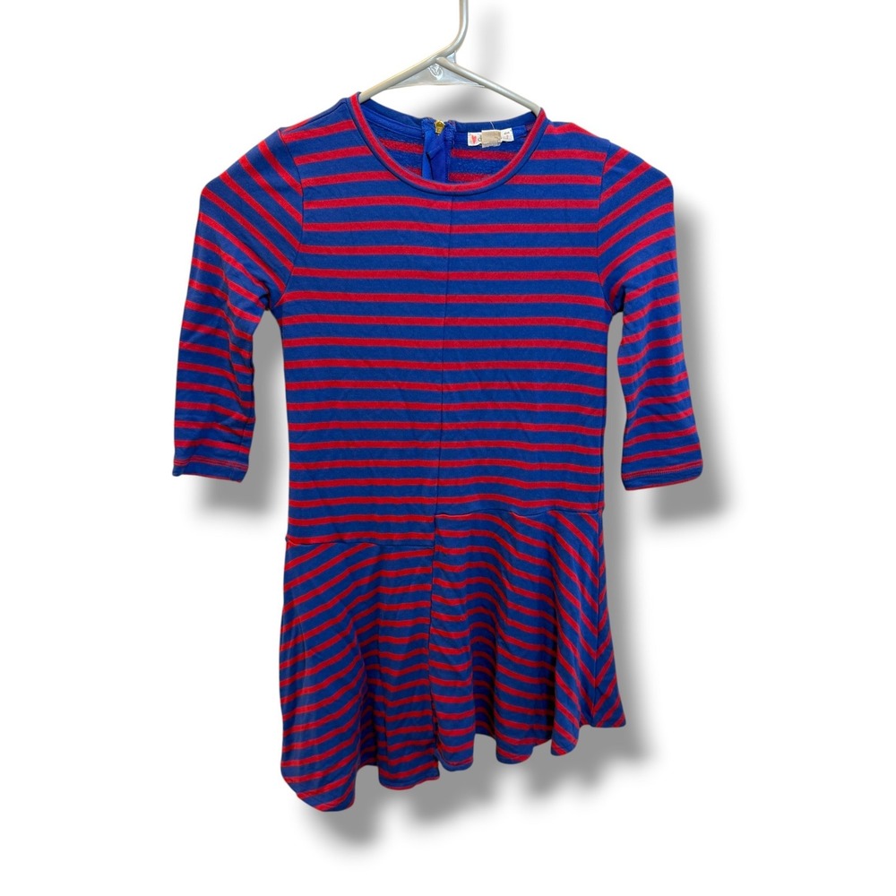 J Crew Crewcuts Dress Girls 7 Blue Red Stripe Drop Waist Skater 3/4 Sleeve F4185